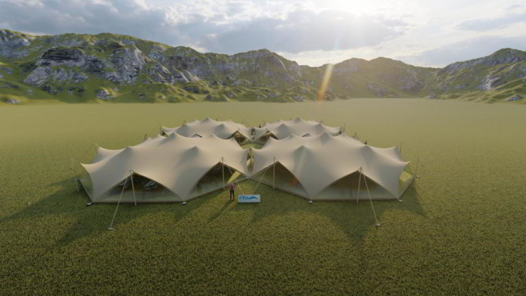 Rendering of four linked Arachnid stretch tents in a mountain landscape