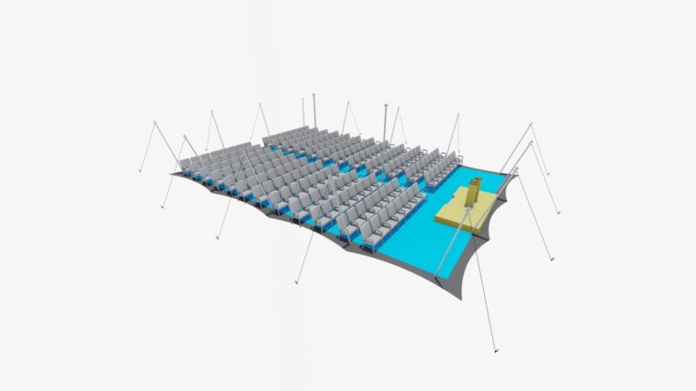 Opstelling van een middelgrote stretchtent van 15 m x 10,5 m met zwevend dak, met rijen stoelen in bioscoopopstelling