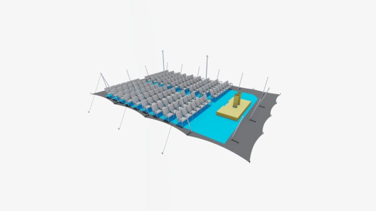 Middelgrote stretchtent van 15 m x 10,5 m, met aan drie zijden gesloten opstelling en rijen stoelen in bioscoopopstelling