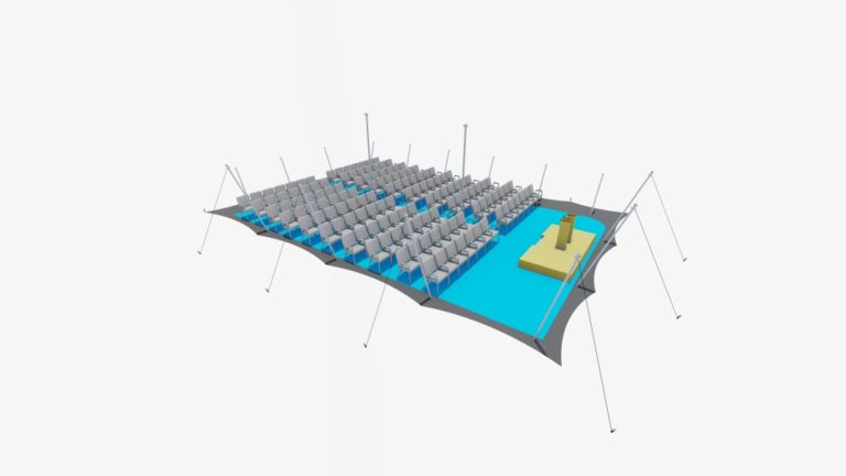 15 m x 10,5 m middelgrote stretchtent, aan twee zijden gesloten, met rijen stoelen in bioscoopopstelling