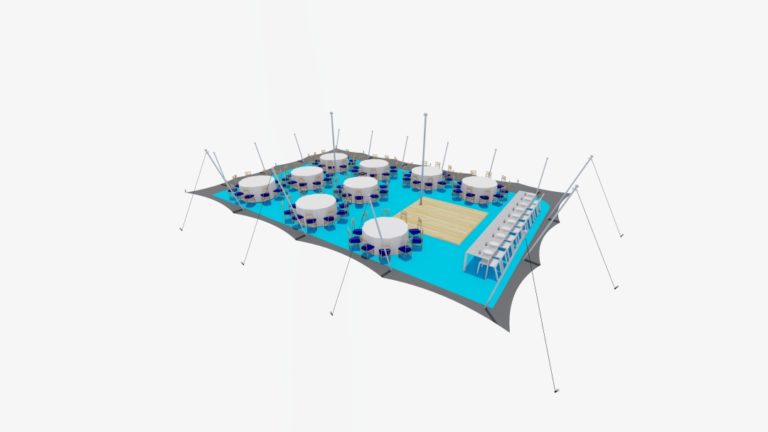 15 m x 10,5 m middelgrote stretchtent, aan twee zijden gesloten, met ronde eettafels en stoelen