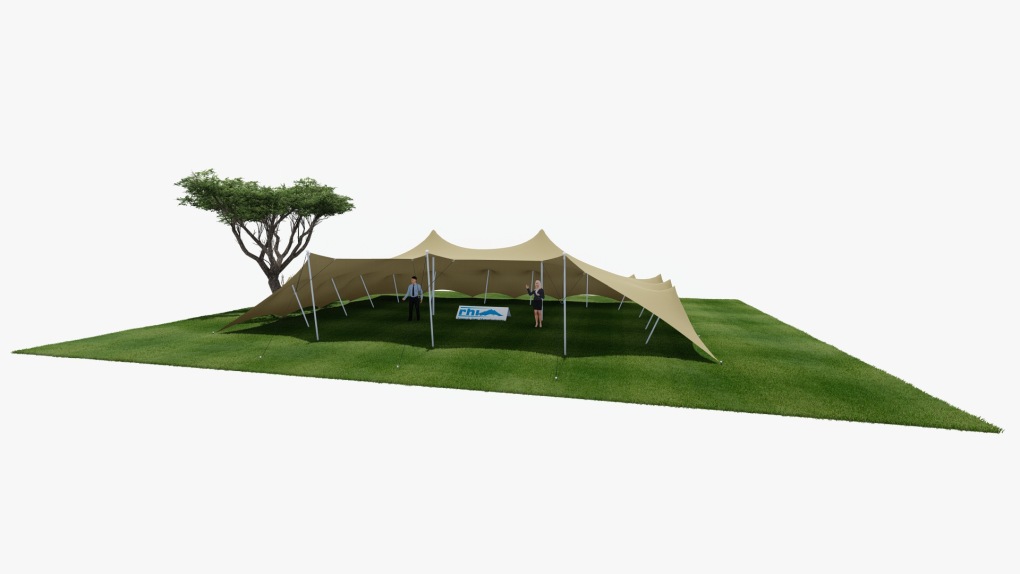 RHI-stretch-tent 15 m x 5 m, aan drie zijden open