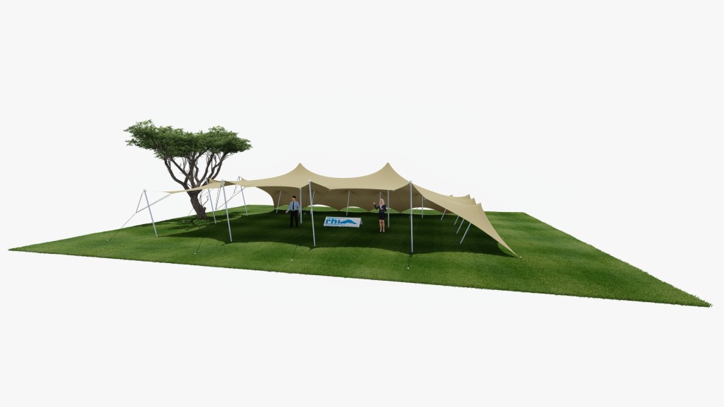 RHI-stretch-tent 15 m x 5 m, aan twee zijden open