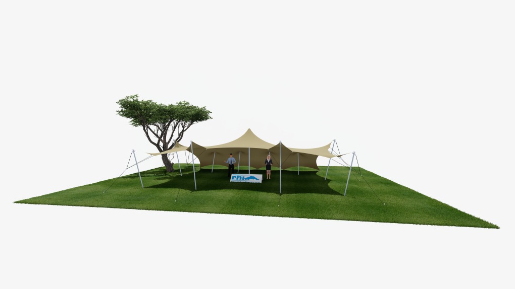 RHI tente stretch 5 m x 5 m, un côté rabattu
