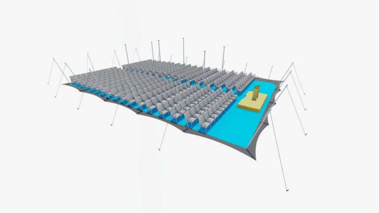 tente stretch de 21 m x 15 m, configuration fermée d'un côté, avec des rangées de sièges de type cinéma