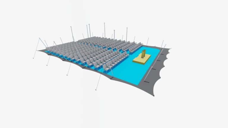 tente stretch de 21 m x 15 m, configuration fermée sur trois côtés, avec des rangées de sièges de type cinéma