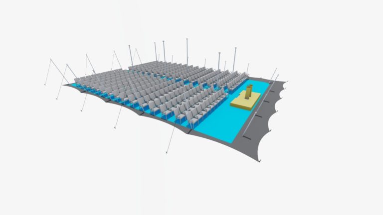 tente stretch de 21 m x 15 m, configuration fermée des deux côtés, avec des rangées de sièges de type cinéma