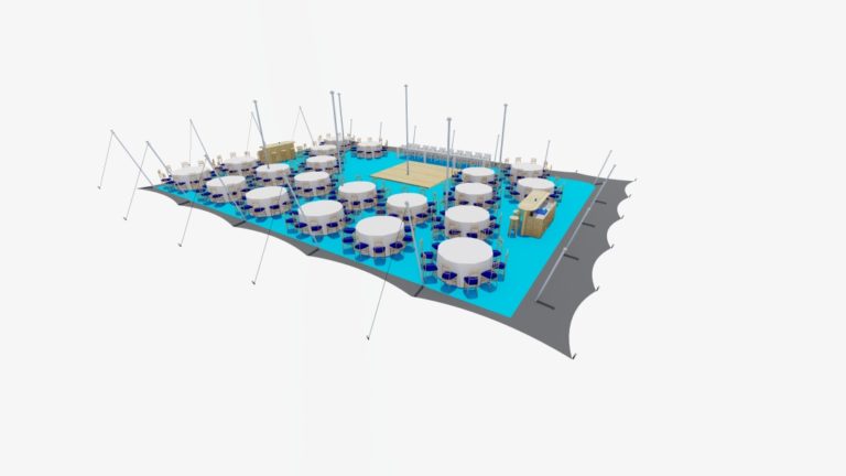 tente stretch de 21 m x 15 m, configuration fermée des deux côtés, avec des tables rondes et des chaises