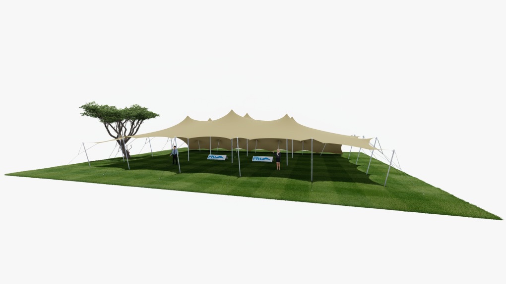 RHI tente stretch 21 m x 15 m, un côté abaissé