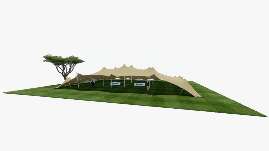 RHI tente stretch 21 m x 15 m, trois côtés fermés