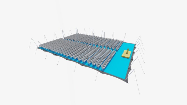 Disposition « Extra Large » de l'auvent flottant « tente stretch » (25,5 m x 18 m) avec des rangées de sièges de type cinéma