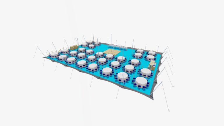 tente stretch extra-large de 25,5 m x 18 m, avec un côté fermé, équipée de tables rondes et de chaises