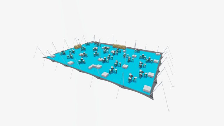 tente stretch extra-large de 25,5 m x 18 m, configuration fermée d'un côté, avec tables de cocktail hautes