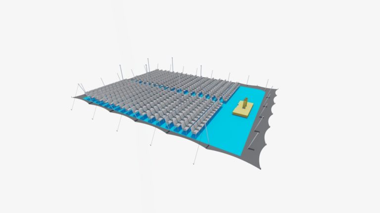 tente stretch extra-large de 25,5 m x 18 m, configuration fermée sur trois côtés avec des rangées de sièges de type cinéma