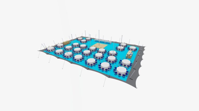tente stretch extra-large de 25,5 m x 18 m, configuration fermée sur trois côtés, avec tables rondes et chaises