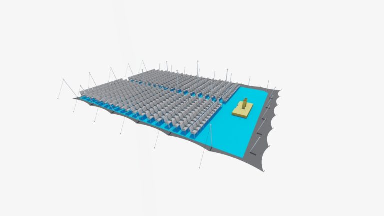 tente stretch extra-large de 25,5 m x 18 m, configuration fermée des deux côtés avec des rangées de sièges de type cinéma