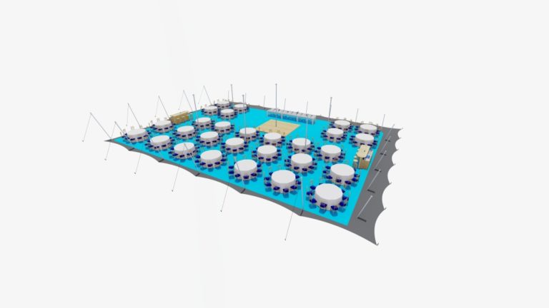 tente stretch extra-large de 25,5 m x 18 m, configuration fermée des deux côtés, avec tables rondes et chaises