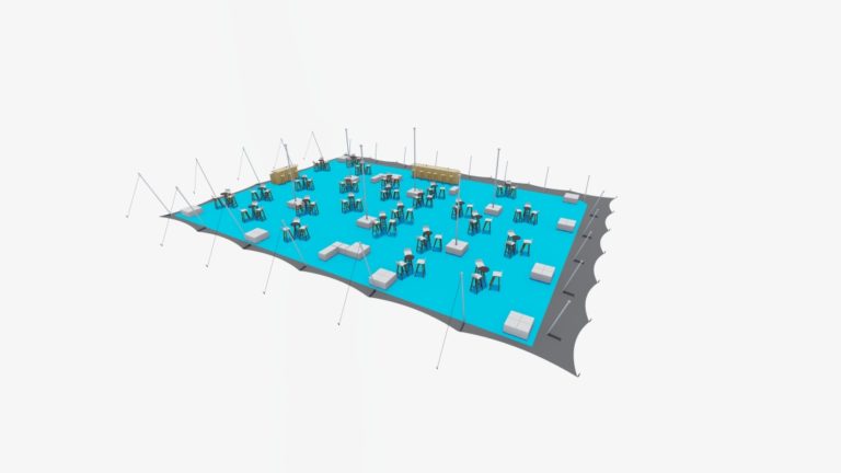 tente stretch extra-large de 25,5 m x 18 m, configuration fermée des deux côtés, avec tables de cocktail hautes