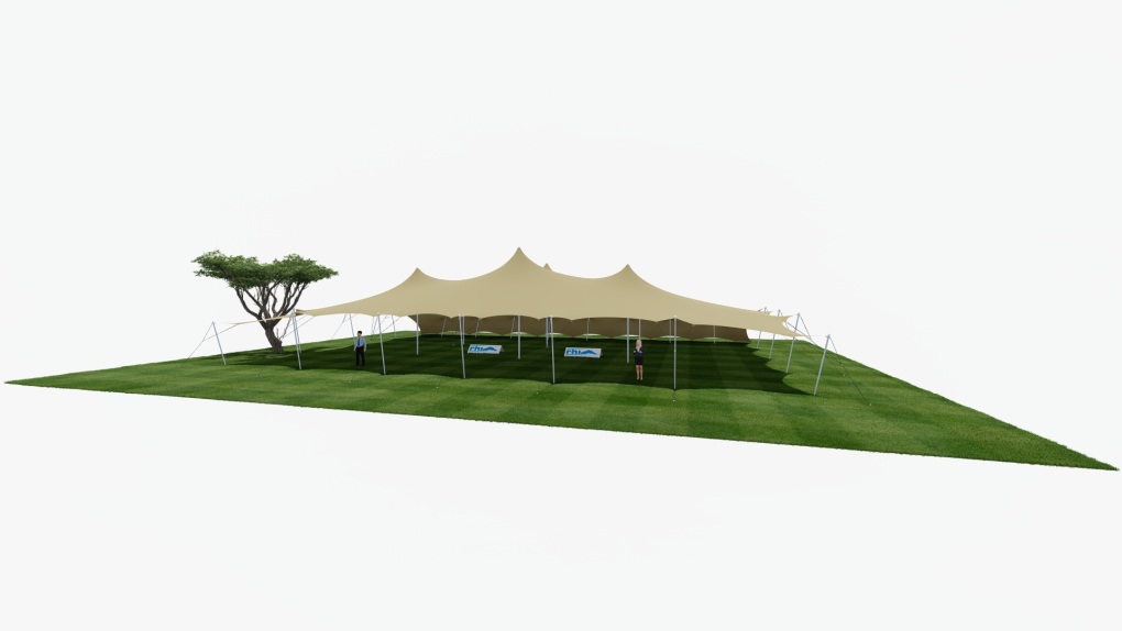RHI tente stretch 5 m x 18 m, un côté rabattu