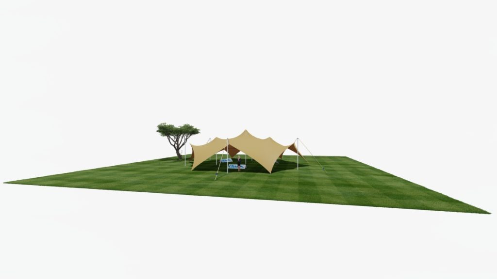 Three-dimensional rendering of a beige 12m Diameter six-sided Arachnid canopy on grass