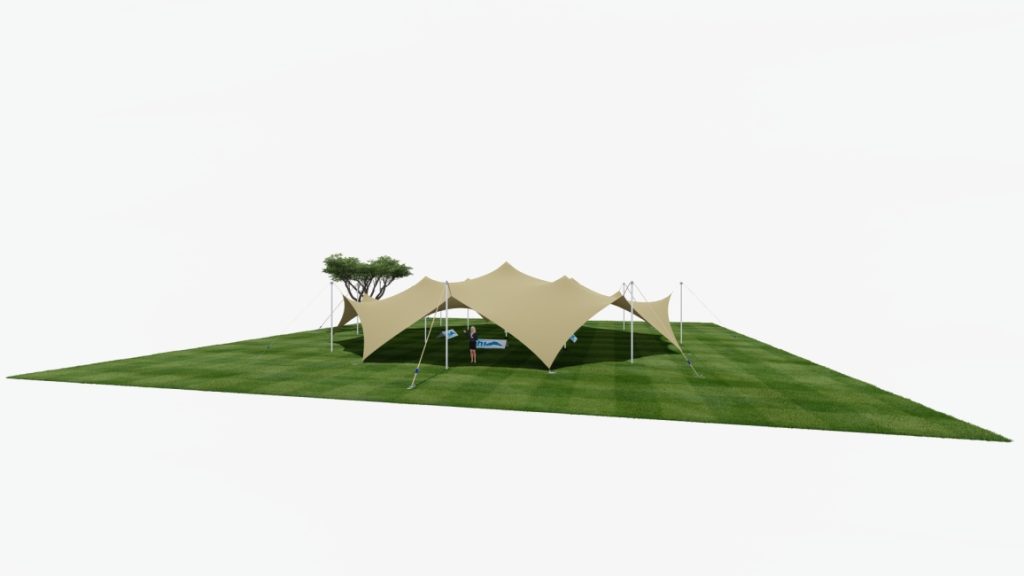 Three-dimensional rendering of a beige 20m Diameter eight-sided Arachnid canopy on grass