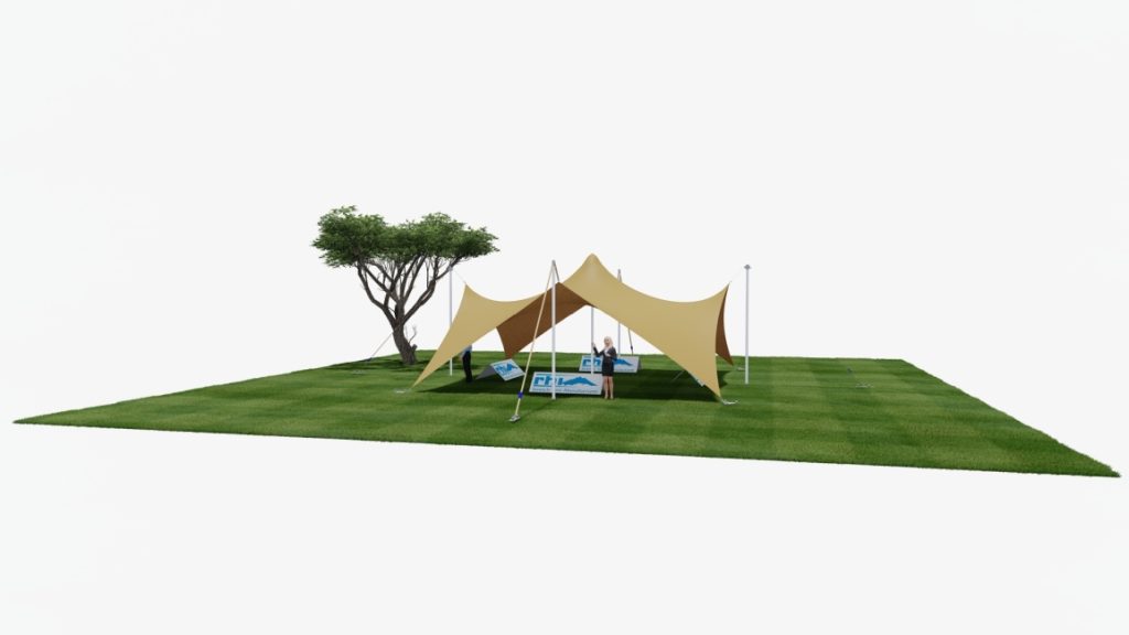 Three-dimensional rendering of a beige four-sided Arachnid canopy on grass
