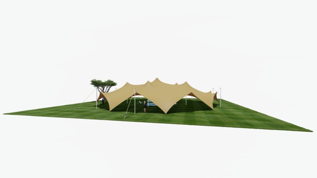 Three-dimensional rendering of a beige ten-sided Arachnid canopy on grass