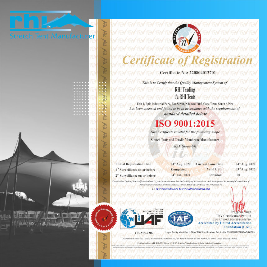 RHI graphic combining an ISO 9001:2015 certificate and a stretch tent photograph