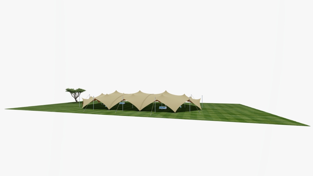 Vue latérale agrandie de la tente extensible « Stretch Tent » de RHI, modèle « Arachnid », avec 1 baie de raccordement