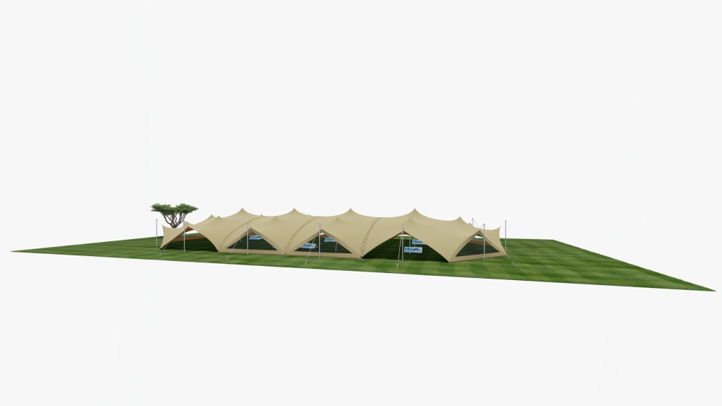 Vue latérale agrandie de la tente extensible « Stretch Tent » de RHI, modèle « Arachnid », avec 2 baies de raccordement et des parois