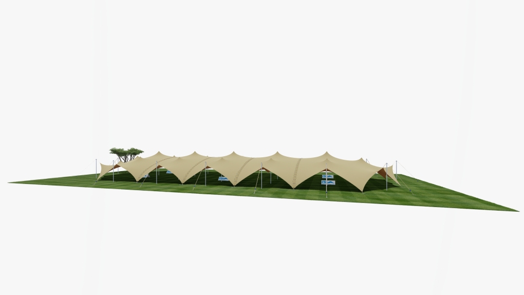 Vue latérale agrandie de la tente extensible « Stretch Tent » de RHI, modèle « Arachnid », dotée de 3 baies de raccordement
