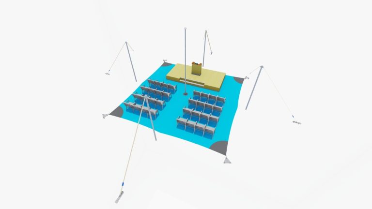 Rendu de l'agencement « top-down » d'une salle « arachnide » RHI à quatre côtés tente stretch , aménagée avec des sièges de type théâtre orientés vers une zone de présentation