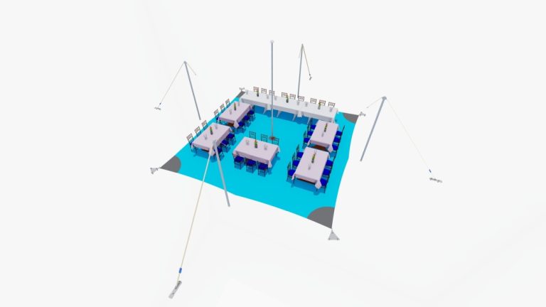 Rendu de l'agencement « de haut en bas » d'un bâtiment de type « arachnide » à quatre côtés ( tente stretch ) de RHI, aménagé avec des tables à manger rectangulaires et des parcours de service prévus