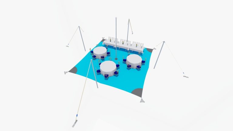 Rendu de l'agencement « de haut en bas » d'un bâtiment « arachnide » de type RHI à tente stretch en forme de carré, aménagé avec des tables rondes et un espace de circulation pour les convives