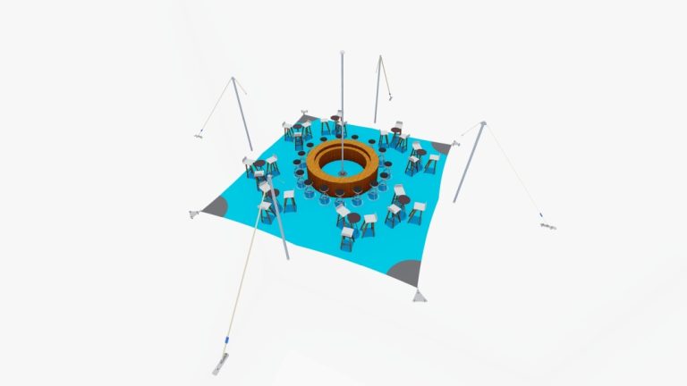 Rendu de l'agencement « top-down » d'un espace « arachnid » de type RHI à quatre côtés tente stretch , aménagé avec des tables de cocktail et des zones de réception ouvertes où l'on se tient debout