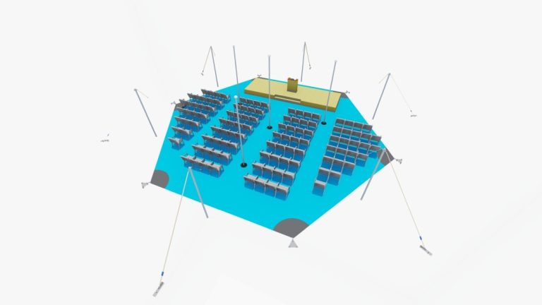 Rendu de la disposition « de haut en bas » d’un espace « arachnid » à six côtés de l’ tente stretch , aménagé avec des sièges de théâtre orientés vers une zone de présentation