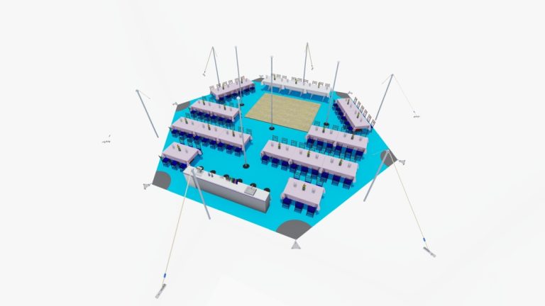 Rendu de l'agencement « de haut en bas » d'un bâtiment « arachnide » à 6 côtés de type « tente stretch » de RHI, aménagé avec des tables rectangulaires et des parcours de service prévus