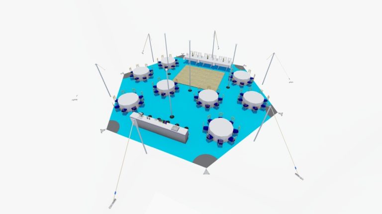 Rendu de l'agencement « de haut en bas » d'un bâtiment RHI de type « arachnide » à 6 côtés tente stretch , aménagé avec des tables rondes et un espace de circulation pour les invités