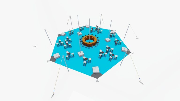 Rendu de l'agencement « top-down » d'un espace « arachnid » à six côtés ( tente stretch ) de RHI, aménagé avec des tables hautes et des zones de réception ouvertes où les invités peuvent rester debout