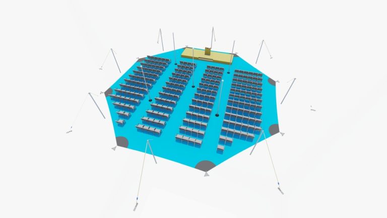 Rendu de l'agencement « top-down » d'un espace « arachnid » RHI à 8 côtés tente stretch , aménagé avec des sièges de type théâtre orientés vers une zone de présentation