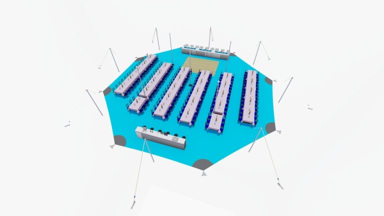 Rendu de l'agencement « de haut en bas » d'un bâtiment « arachnide » de type RHI à 8 côtés tente stretch , aménagé avec des tables à manger rectangulaires et des parcours de service prévus