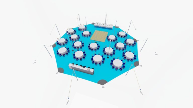 Rendu de l'agencement en vue de dessus d'un bâtiment « arachnide » de type RHI à 8 côtés tente stretch , aménagé avec des tables rondes et un espace de circulation pour les convives