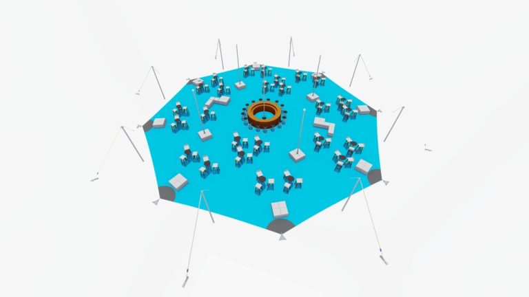 Rendu de l'agencement « top-down » d'un espace « arachnid » à 8 côtés ( tente stretch ) de RHI, aménagé avec des tables de cocktail et des zones de réception ouvertes où l'on se tient debout