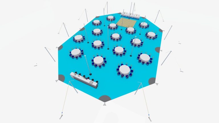 Vue d'ensemble de l'aménagement du RHI Extendable Arachnid, aménagé avec des tables à manger rondes et un espace de circulation dégagé pour les invités