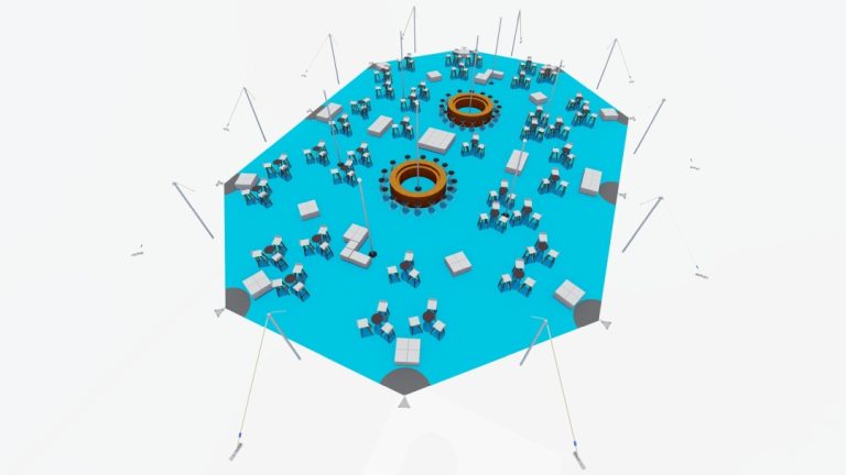 Vue en plan de la salle « RHI Extendable » Arachnid, aménagée avec des tables hautes et des espaces de réception informels où l'on se tient debout