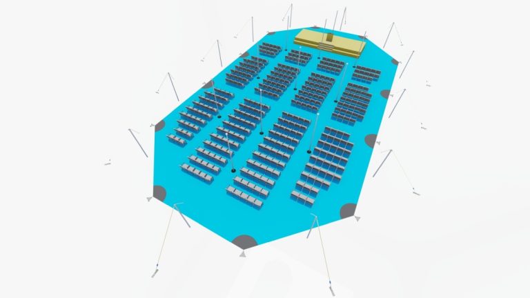 Vue d'ensemble de la configuration « top-down » de l'Arachnid extensible RHI, comprenant 1 espace de liaison, avec des sièges disposés à la manière d'une salle de spectacle, face à une scène de présentation