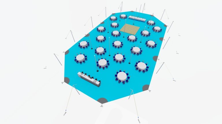 Vue d'ensemble de l'Arachnid extensible RHI « Top-down », comprenant 1 module de liaison, aménagée avec des tables à manger rondes et offrant un espace de circulation dégagé pour les invités