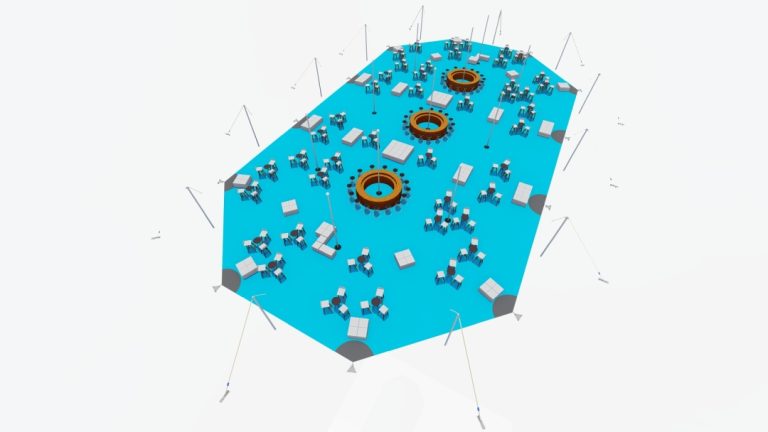 Vue d'ensemble de l'Arachnid « RHI Extendable » avec 1 espace de liaison, aménagée avec des tables hautes et des zones de réception informelles où l'on peut rester debout