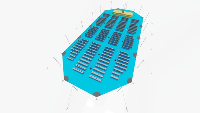 Vue d'ensemble de la configuration « top-down » de l'Arachnid extensible RHI, comprenant deux baies de raccordement, avec des sièges disposés à la manière d'une salle de spectacle, face à une scène de présentation