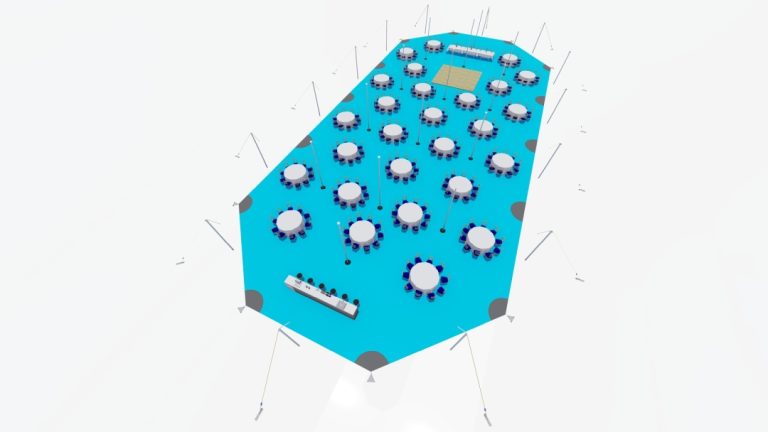 Vue d'ensemble de l'Arachnid « Extendable » de RHI, comprenant deux modules « Linking Bay », aménagée avec des tables à manger rondes et offrant un espace de circulation dégagé pour les invités